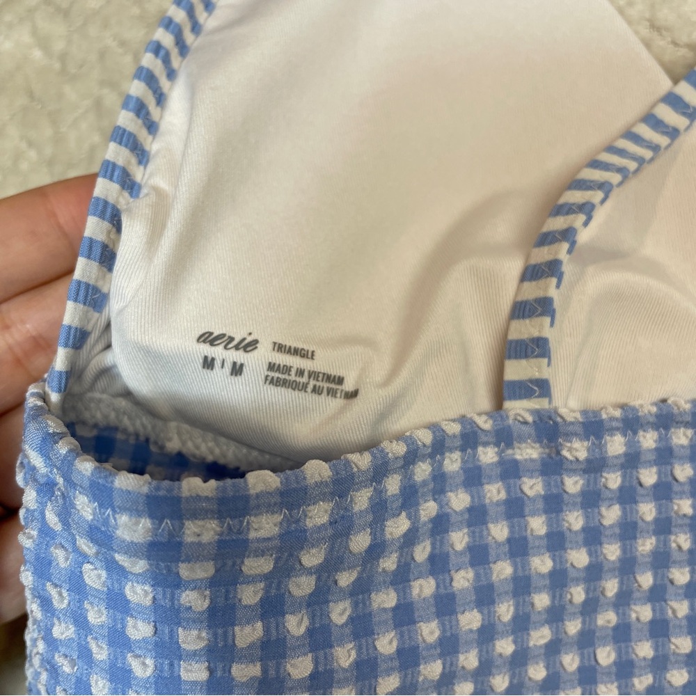 Aerie Pale Blue Gingham Triangle Bikini Top Ruffle Sleeves Women Size Medium - Picture 3 of 7